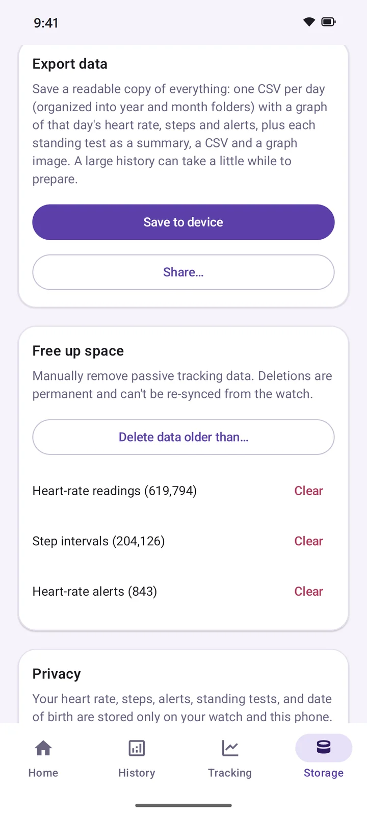 Export screen with Save to device and Share buttons, and storage controls below