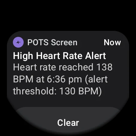 Watch notification: High Heart Rate Alert, heart rate reached 138 BPM, alert threshold 130 BPM