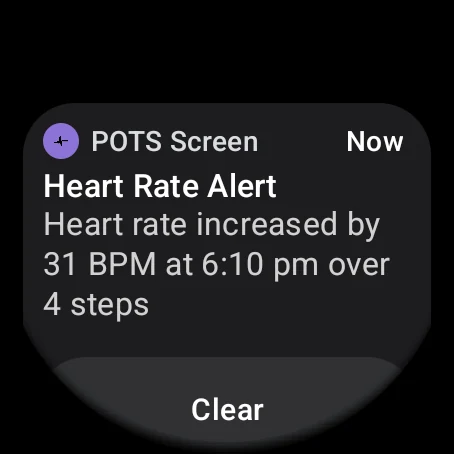Watch notification: Heart Rate Alert, heart rate increased by 31 BPM over 4 steps