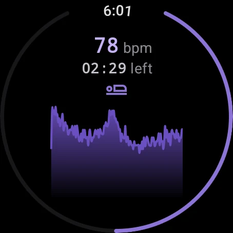 Watch screen during the lying phase of a standing test: 78 bpm, 2 minutes 29 seconds left