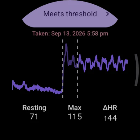 Standing test result on the watch showing resting, max and the change in heart rate