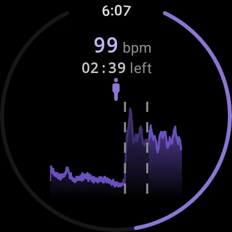 Watch screen during the standing phase: 99 bpm, with the heart-rate graph jumping after standing up